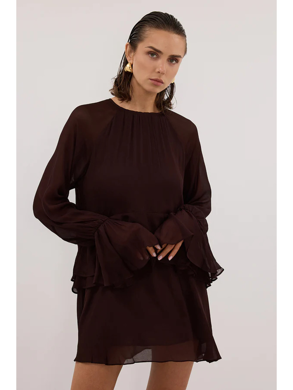 Dissh Bodhi Chiffon Long Sleeve Tiered Mini Dress Dark Chocolate Women's US 4